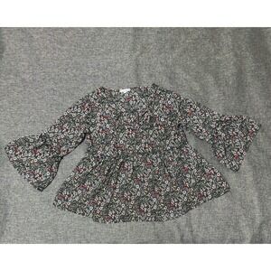 Lovesick‎ Women's 000 Peplum Top Black Floral Bell Sleeve V-Neck